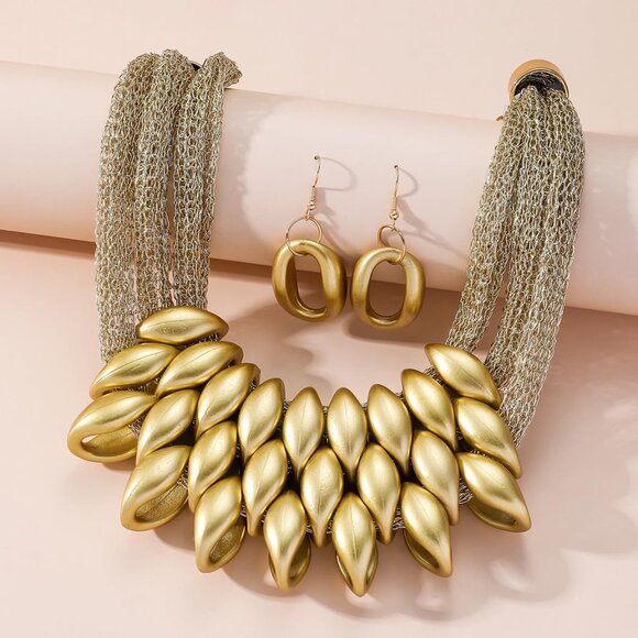 Gold African Bib Tassel Choker Necklace and Earrings Set, Tribal Ethnic Style, C - Picture 7 of 9